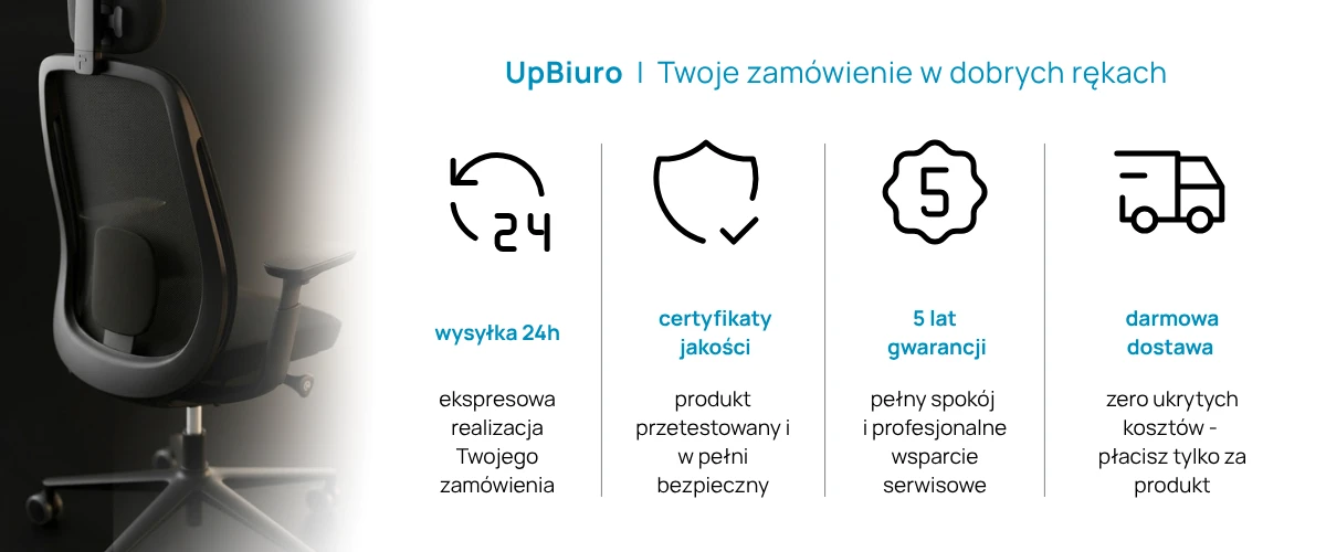Zestaw ikon: 5 lat gwarancji, wysyłka w 24h i darmowa dostawa fotela biurowego Profim Pace.